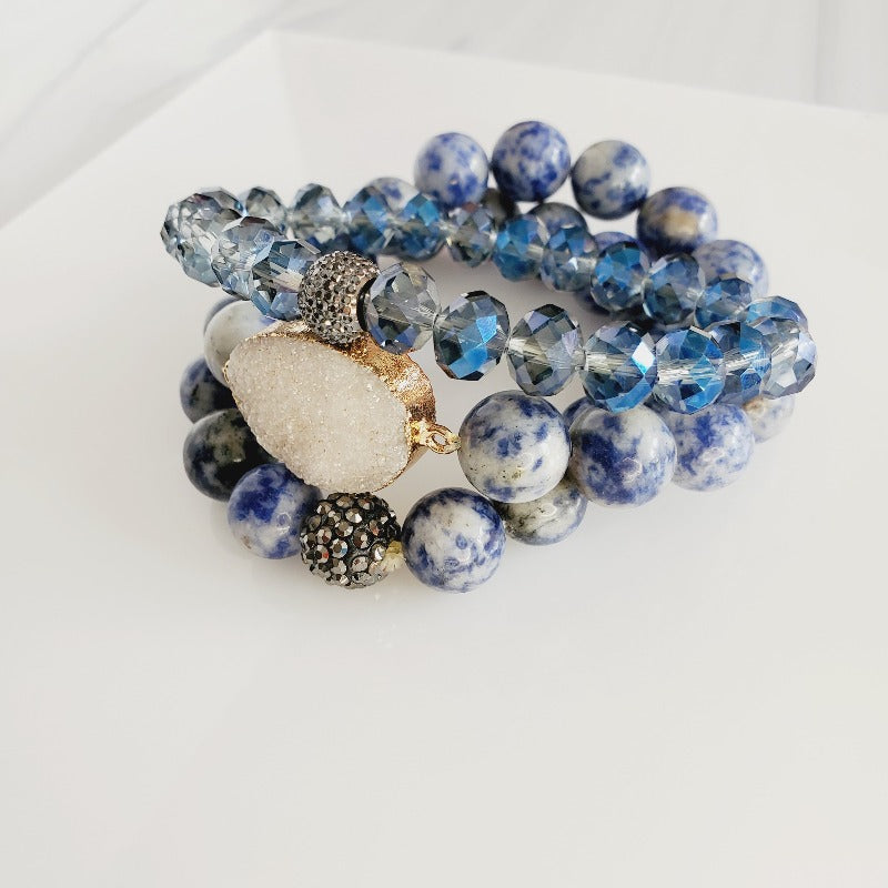 Sapphire Beads Druzy Stone 3 Piece Bracelet | Pretty Fab Things