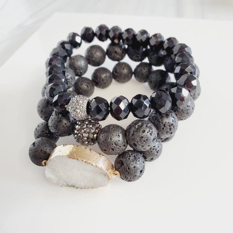 Black Beauty Druzy 3 Piece Pave Bracelet Set | Pretty Fab Things