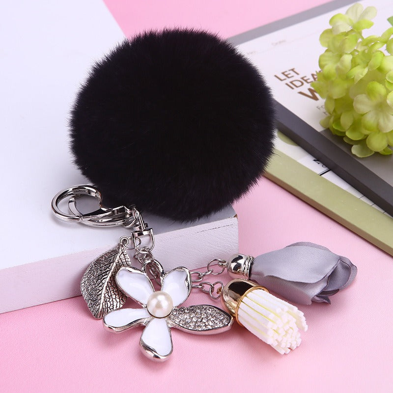 Gray Rose Accent & Pom Key Chain | Swanky Doll Clothing
